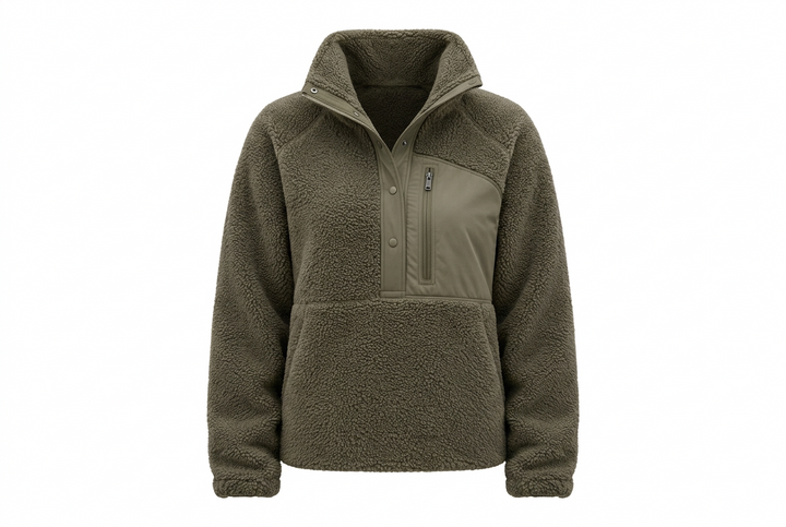 A smokey olive sherpa fleece pullover jacket with a mock neck collar, a half-zip front closure, and a zippered chest pocket, shown on a plain white background.