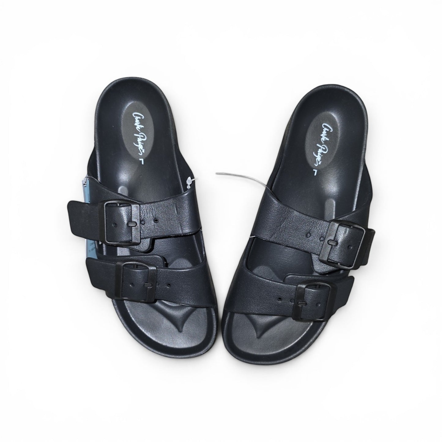 Luxury Clique Corky Paige black double buckle slide sandals with adjustable straps and contoured footbed.
