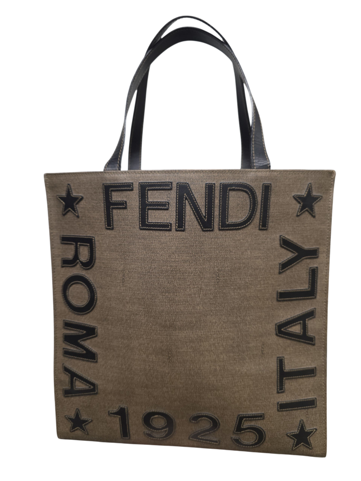 Luxury Clique pre-loved olive-khaki canvas Fendi tote bag with black leather Roma Italy 1925 lettering and star accents.