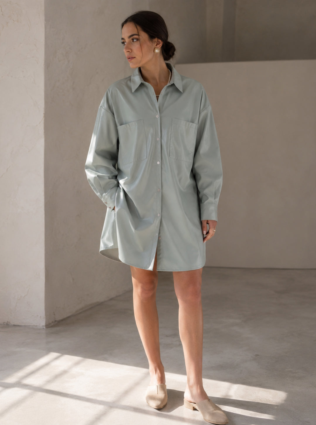 Oversized Faux Leather Shirt Dress — Sage