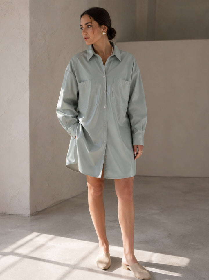 Oversized Faux Leather Shirt Dress — Sage