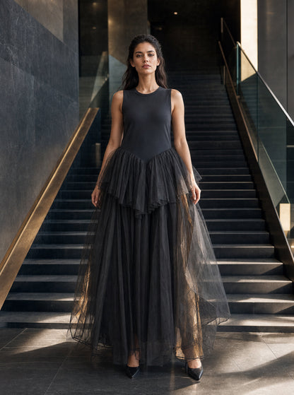 Black Tiered Tulle Ballgown Dress