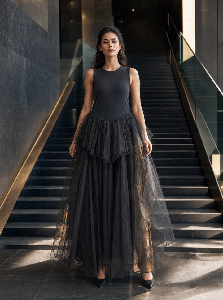 Black Tiered Tulle Ballgown Dress