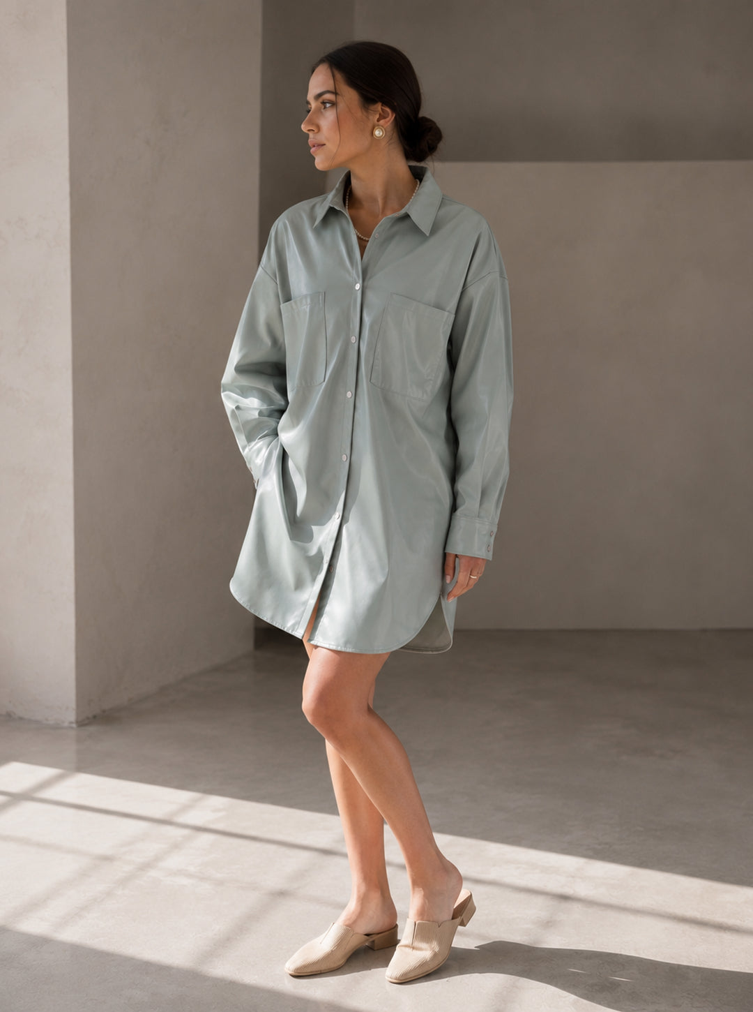 Oversized Faux Leather Shirt Dress — Sage
