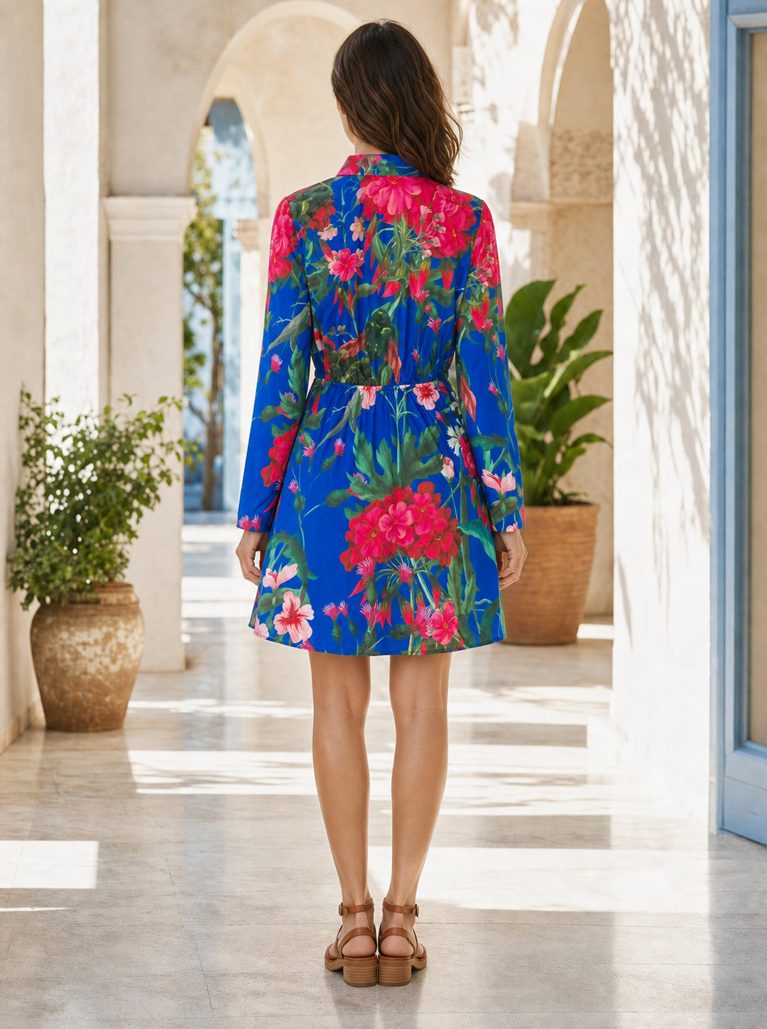Tropical Floral Shirt Dress — Royal Blue