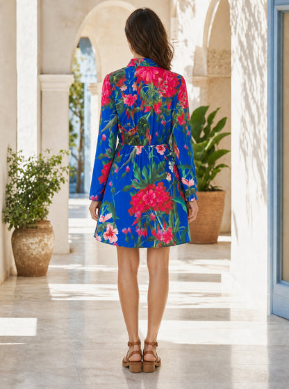 Tropical Floral Shirt Dress — Royal Blue