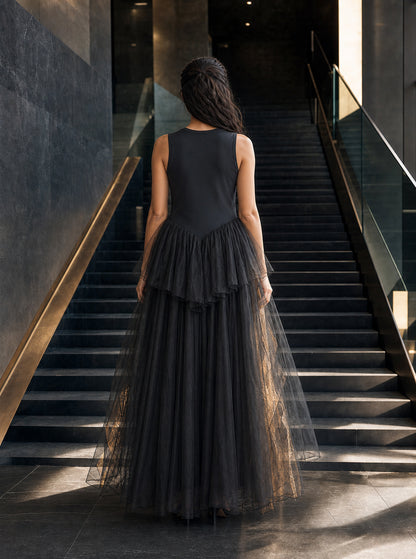 Black Tiered Tulle Ballgown Dress