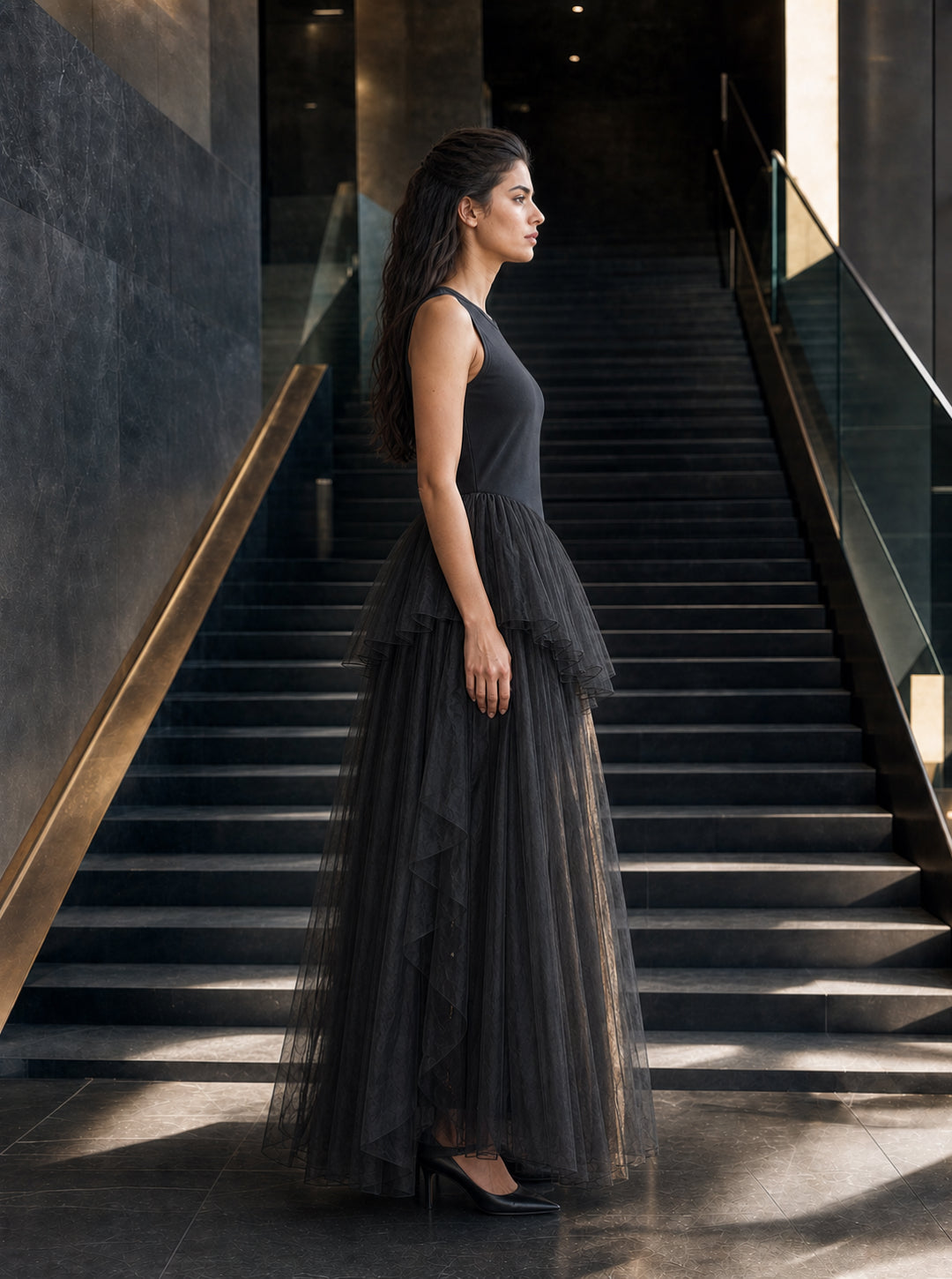 Black Tiered Tulle Ballgown Dress