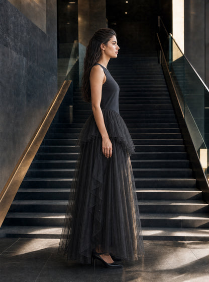 Black Tiered Tulle Ballgown Dress
