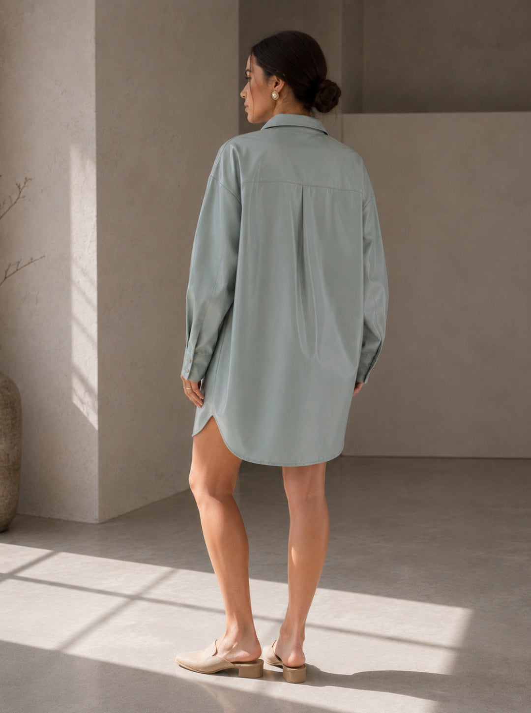 Oversized Faux Leather Shirt Dress — Sage