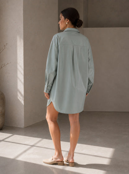 Oversized Faux Leather Shirt Dress — Sage