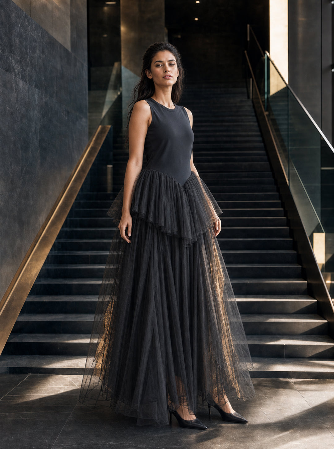 Black Tiered Tulle Ballgown Dress