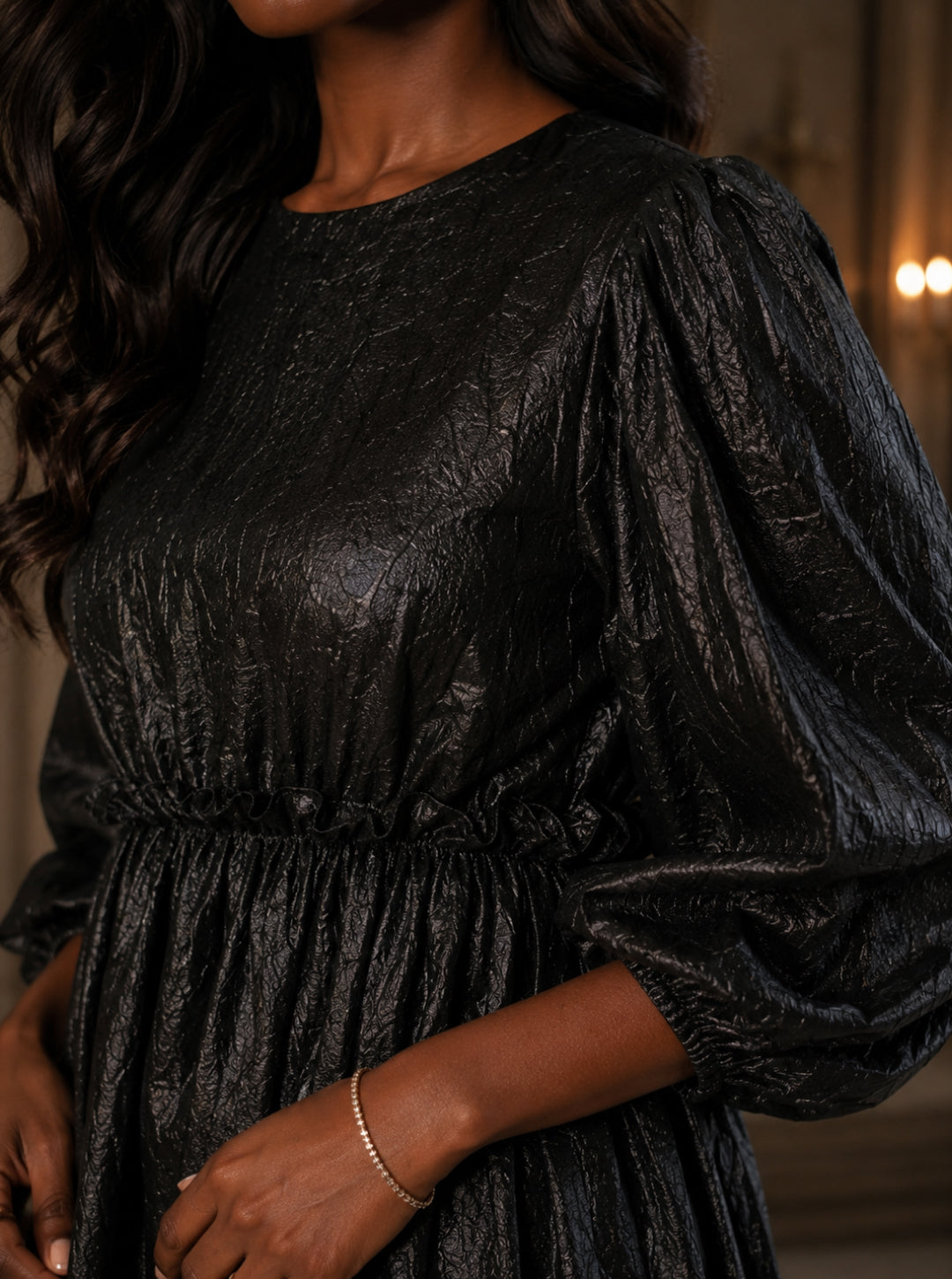 Noir Textured Balloon Sleeve Mini Dress