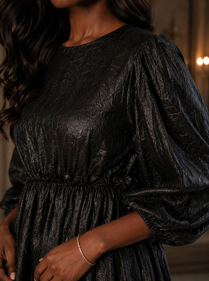 Noir Textured Balloon Sleeve Mini Dress
