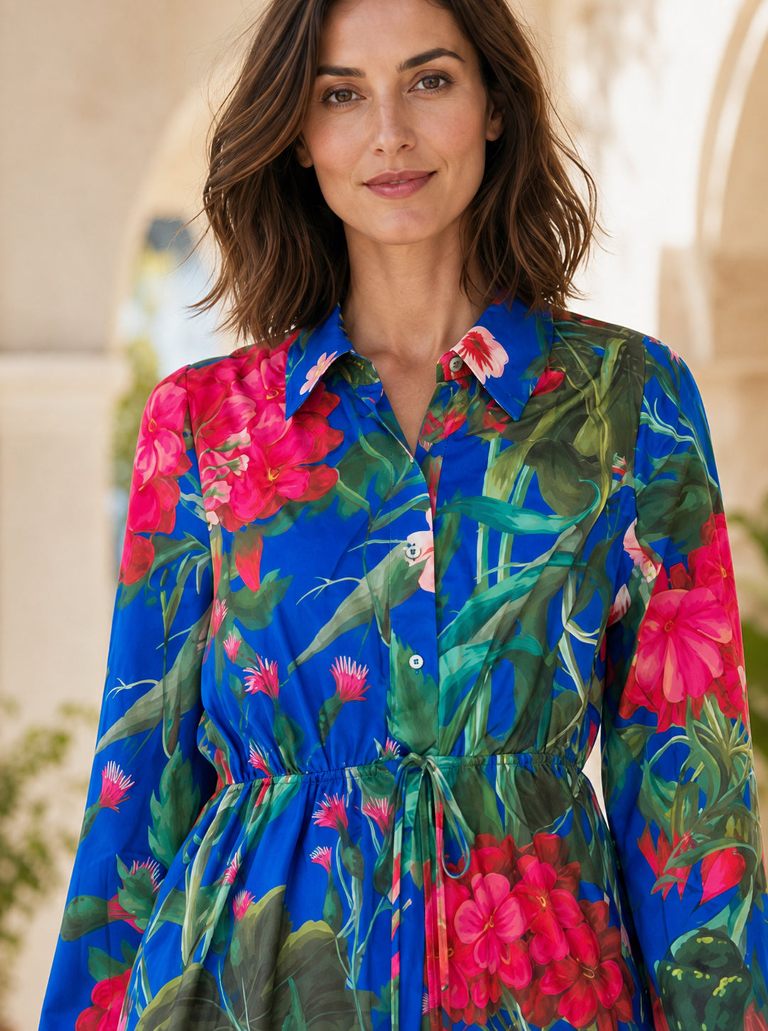 Tropical Floral Shirt Dress — Royal Blue