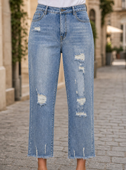 High-Rise Distressed Straight Crop Jeans — Light Wash