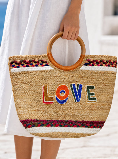 "LOVE" Beaded Straw Tote Bag