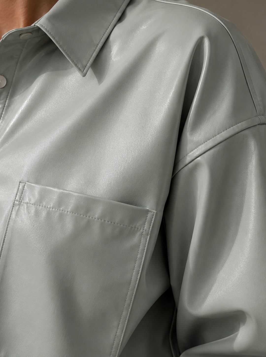 Oversized Faux Leather Shirt Dress — Sage
