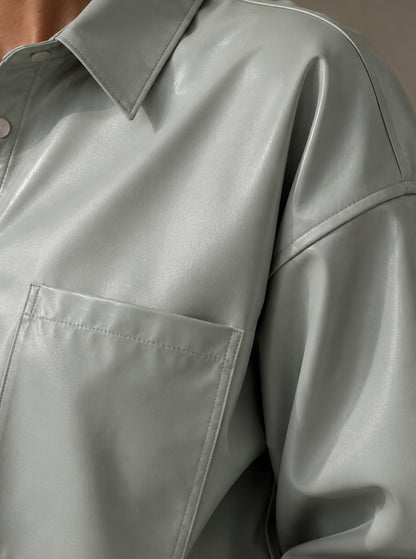 Oversized Faux Leather Shirt Dress — Sage