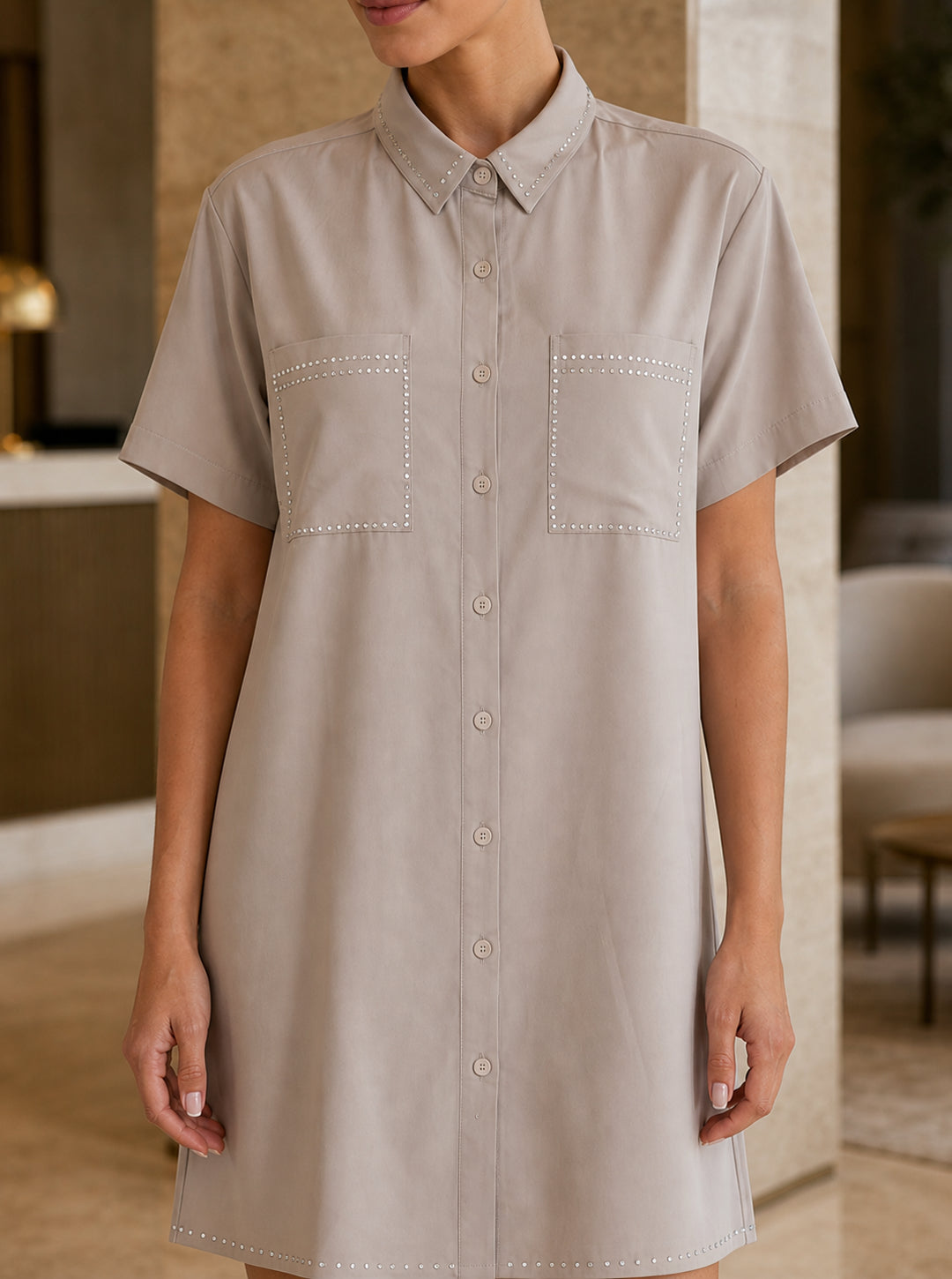 Studded Collar Shirt Dress — Taupe