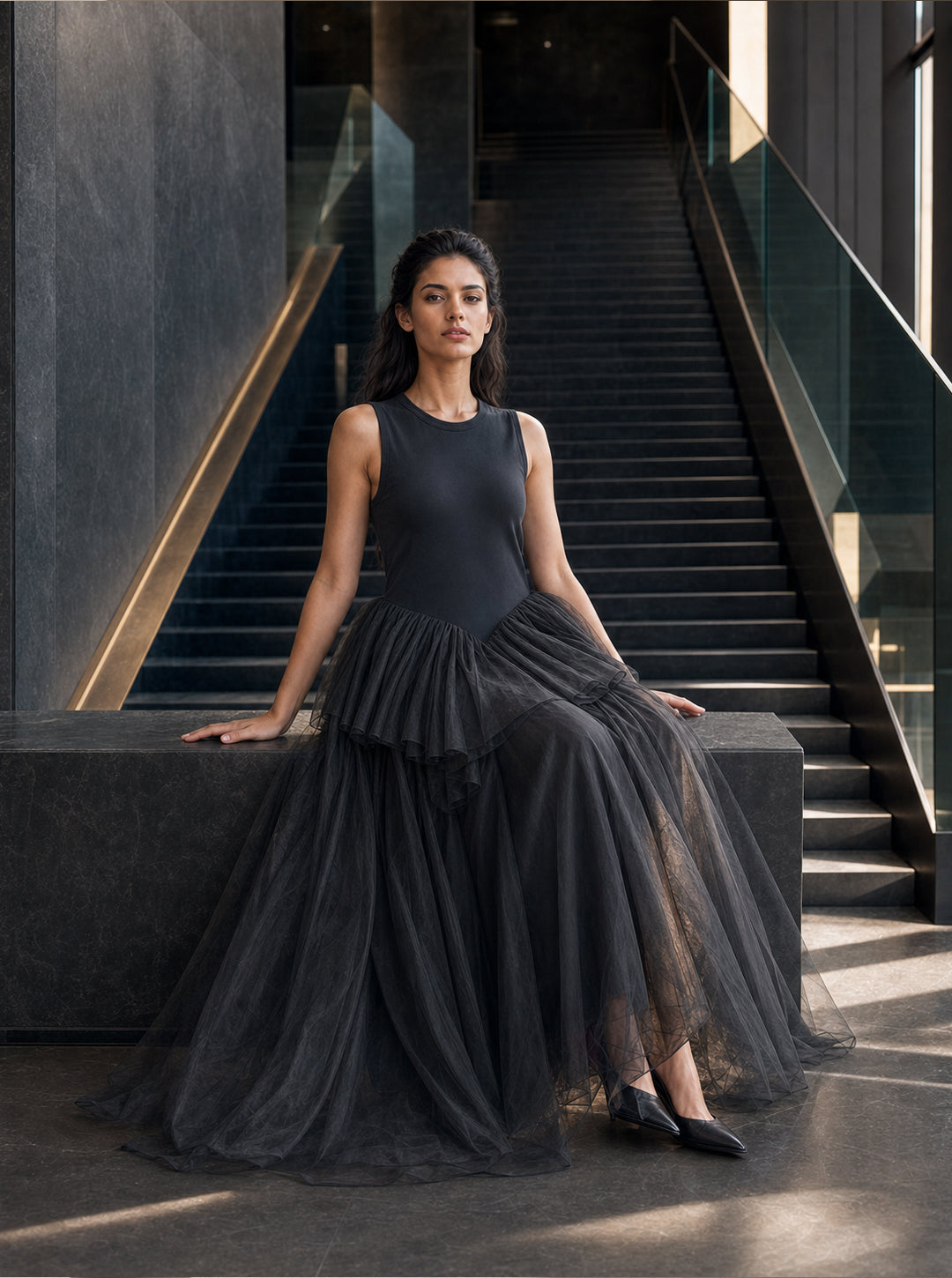 Black Tiered Tulle Ballgown Dress
