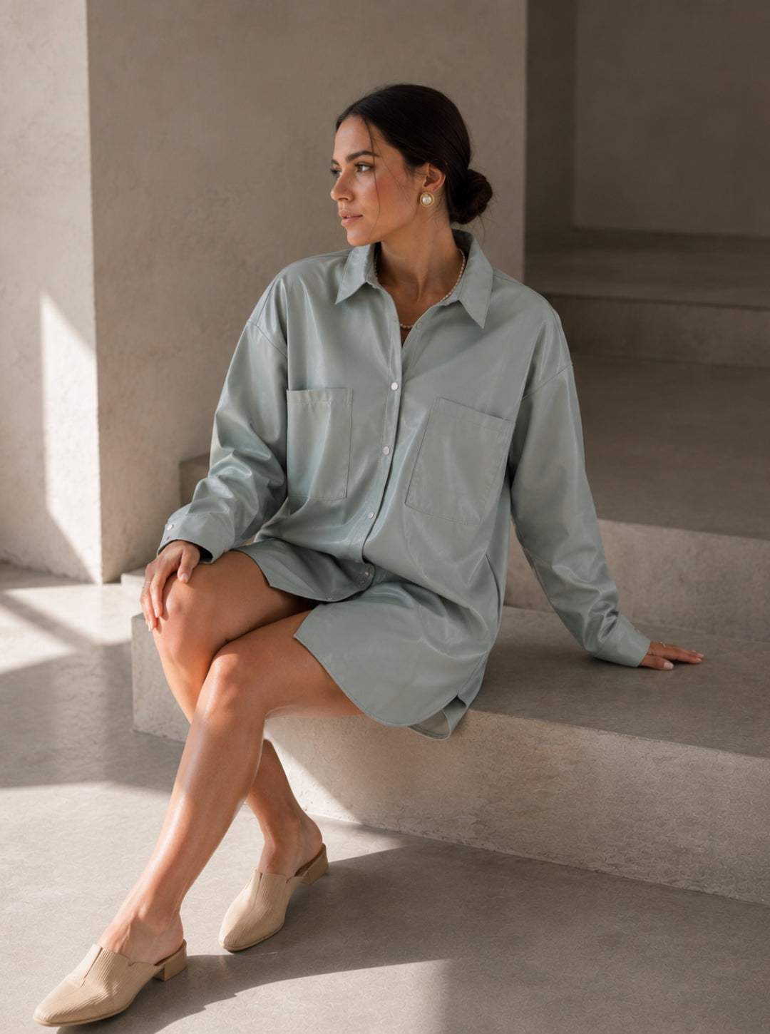 Oversized Faux Leather Shirt Dress — Sage