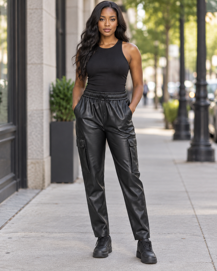 Cargo Faux Leather Pants – Black