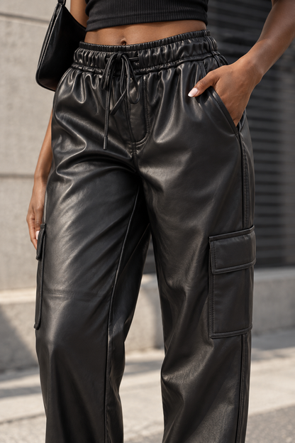 Cargo Faux Leather Pants – Black