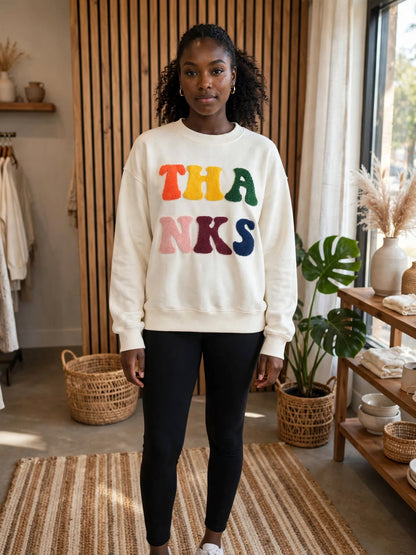 Cream THANKS Chenille Crewneck Sweatshirt