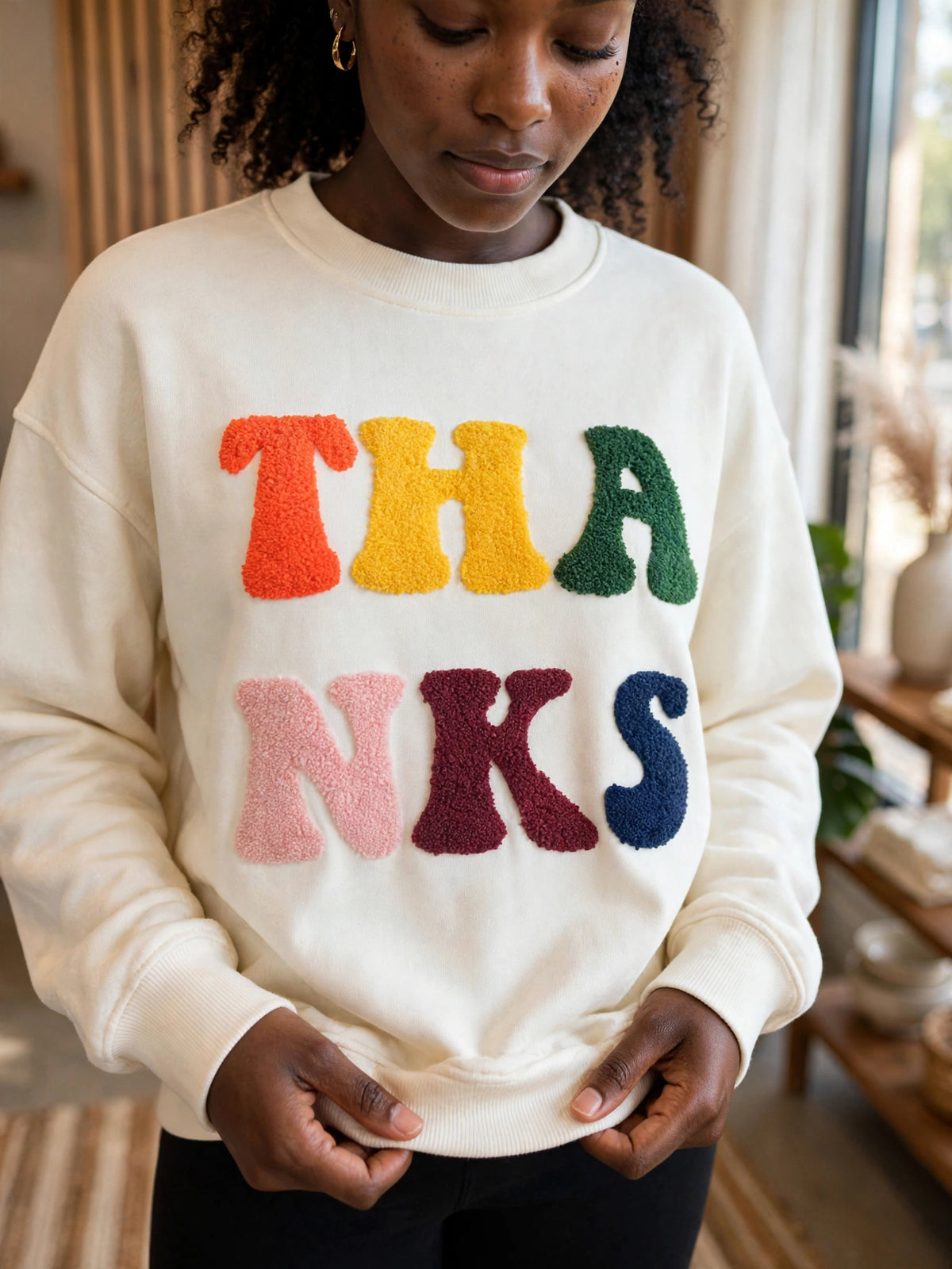 Cream THANKS Chenille Crewneck Sweatshirt