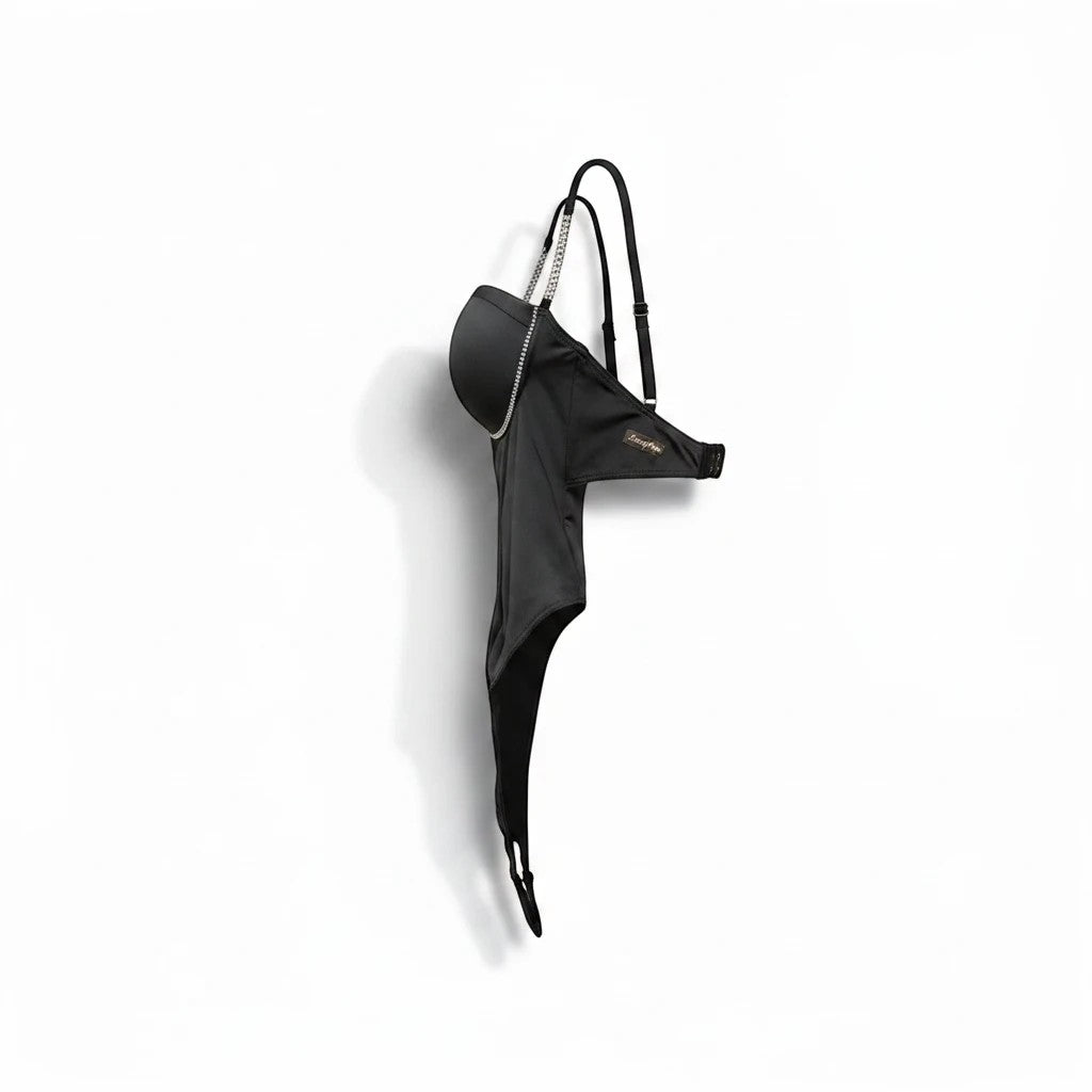 Luxury Clique black satin bodysuit with molded cups and rhinestone-encrusted straps on a white background.