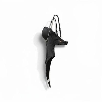 Luxury Clique black satin bodysuit with molded cups and rhinestone-encrusted straps on a white background.