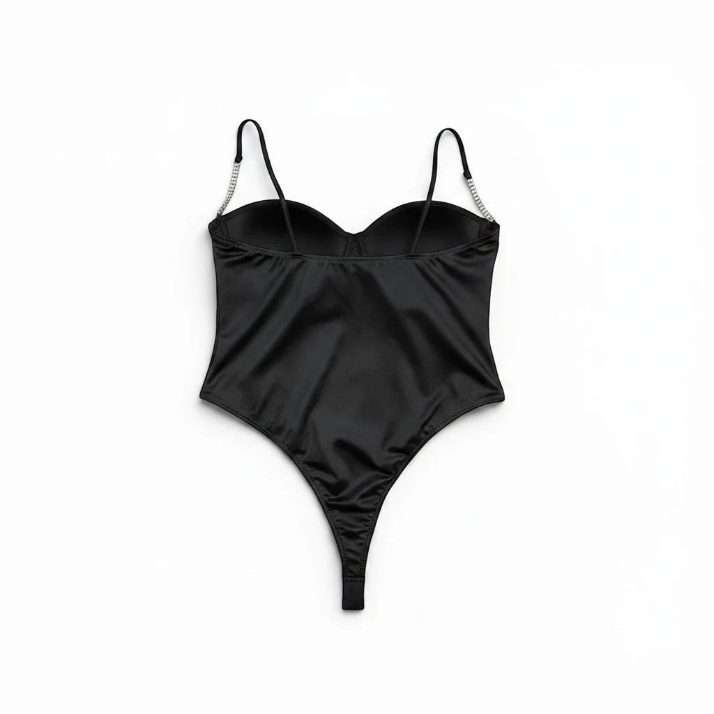 Luxury Clique black satin bodysuit with molded cups and rhinestone-encrusted spaghetti straps for evening wear.