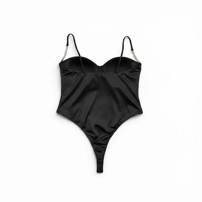 Luxury Clique black satin bodysuit with molded cups and rhinestone-encrusted spaghetti straps for evening wear.
