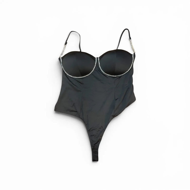 Luxury Clique black satin bodysuit with molded cups and rhinestone-encrusted spaghetti straps and bust trim.