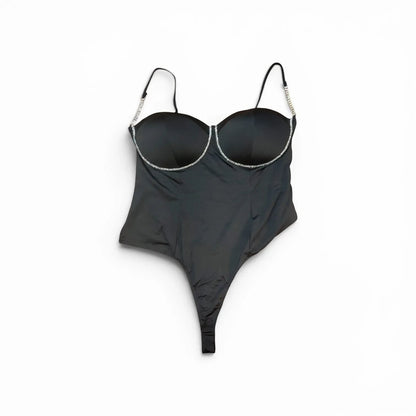 Luxury Clique black satin bodysuit with molded cups and rhinestone-encrusted spaghetti straps and bust trim.