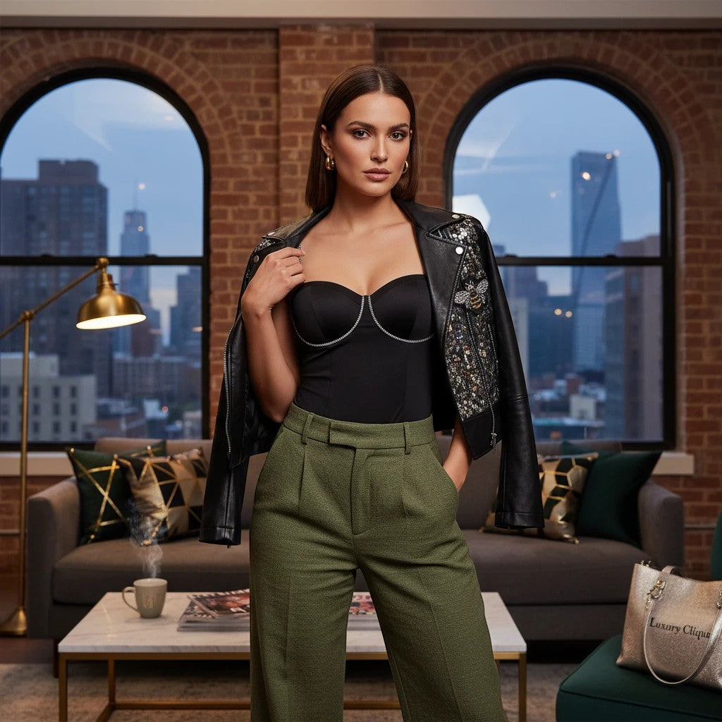 Luxury Clique black satin bodysuit with rhinestone straps, worn by a model in a leather jacket and olive trousers.