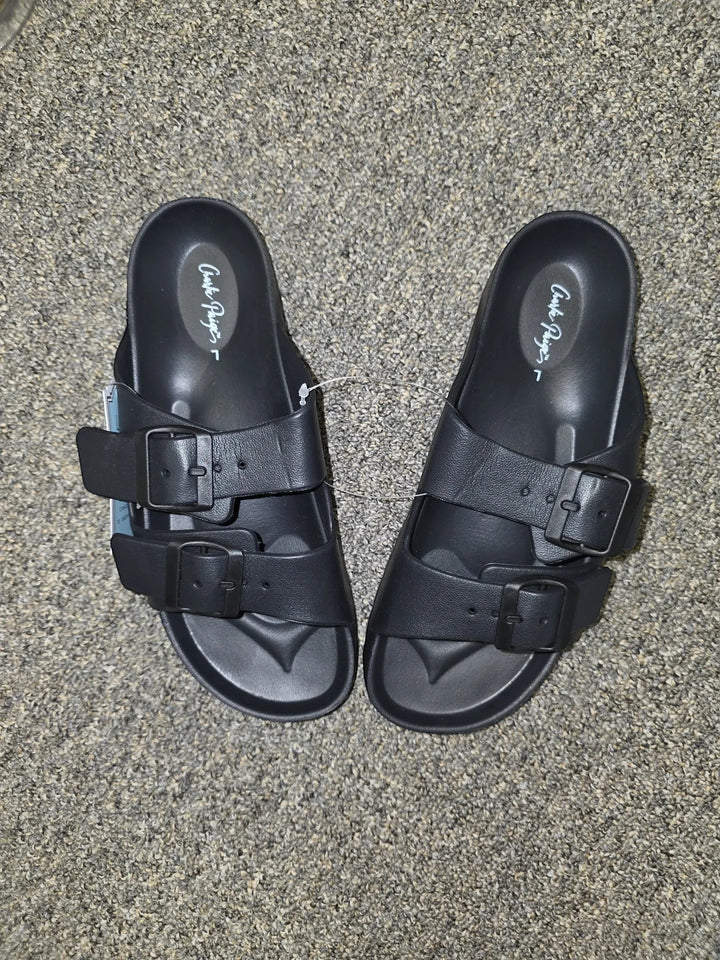 Luxury Clique Corky Paige black double buckle slide sandals with adjustable straps and contoured footbed