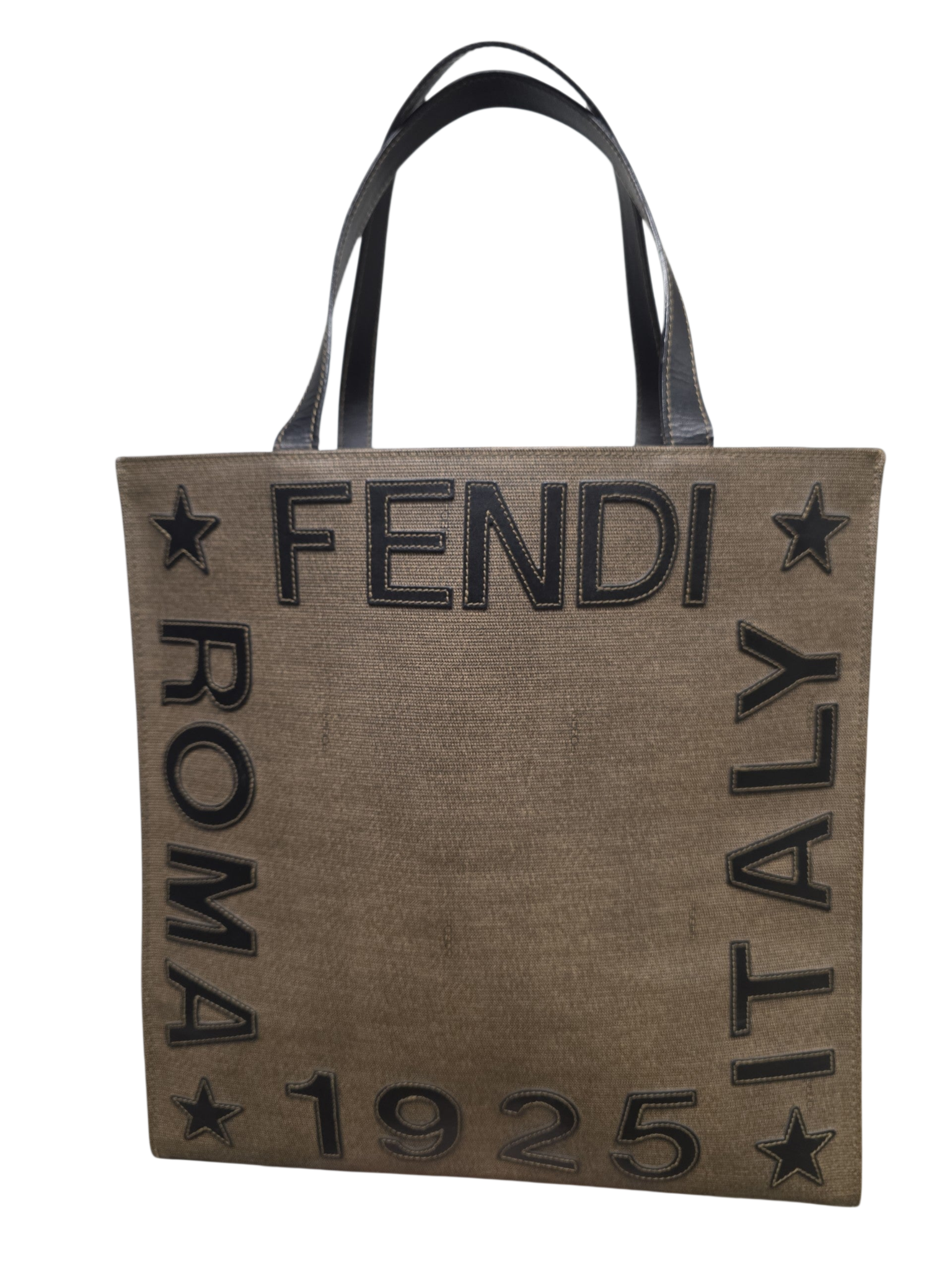 Luxury Clique pre-loved olive-khaki canvas Fendi tote bag with black leather Roma Italy 1925 lettering and star accents.