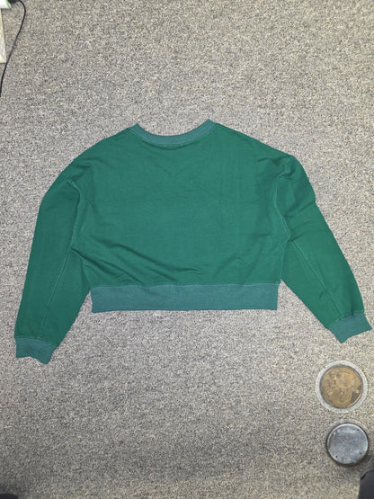 Luxury Clique forest green cropped sweatshirt with ribbed crew neck and cuffs, back view