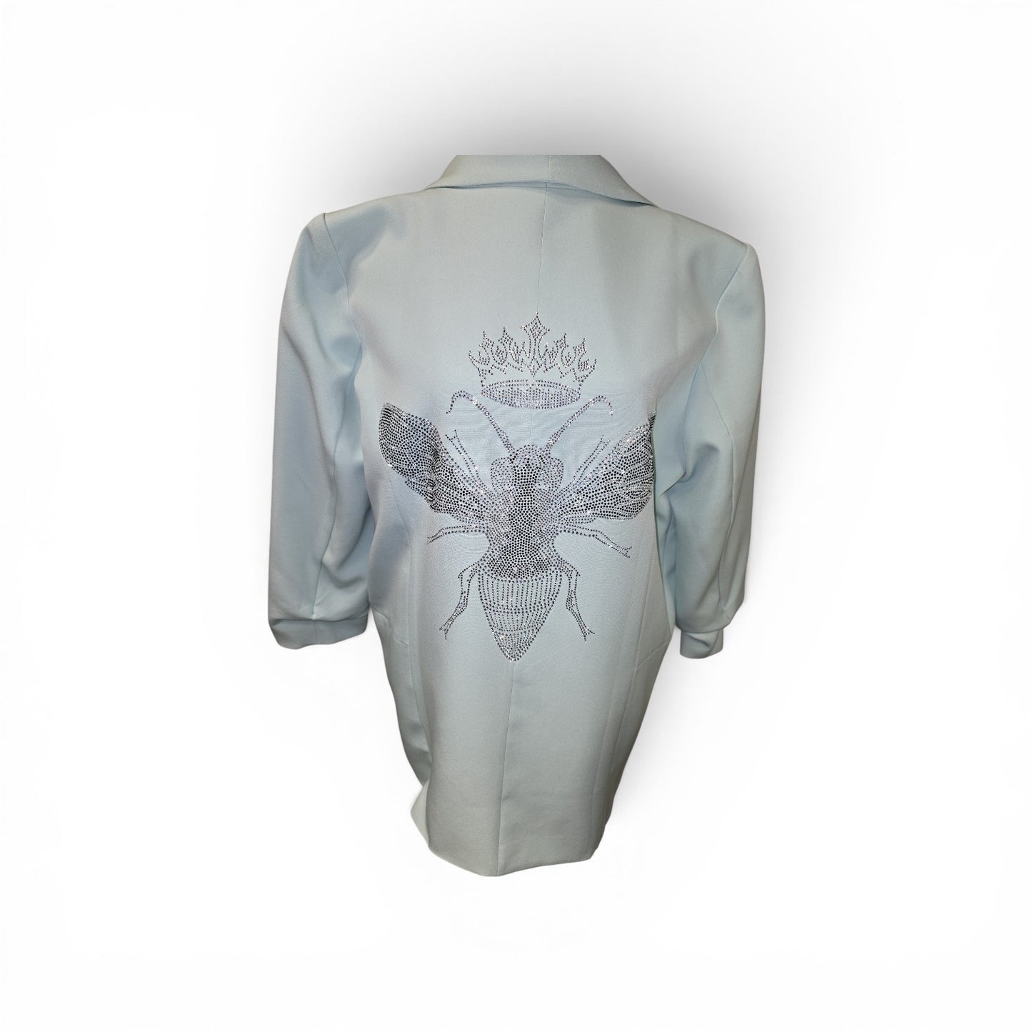 Luxury Clique light blue tailored blazer featuring a large sparkling sequin bee and crown motif on the back.