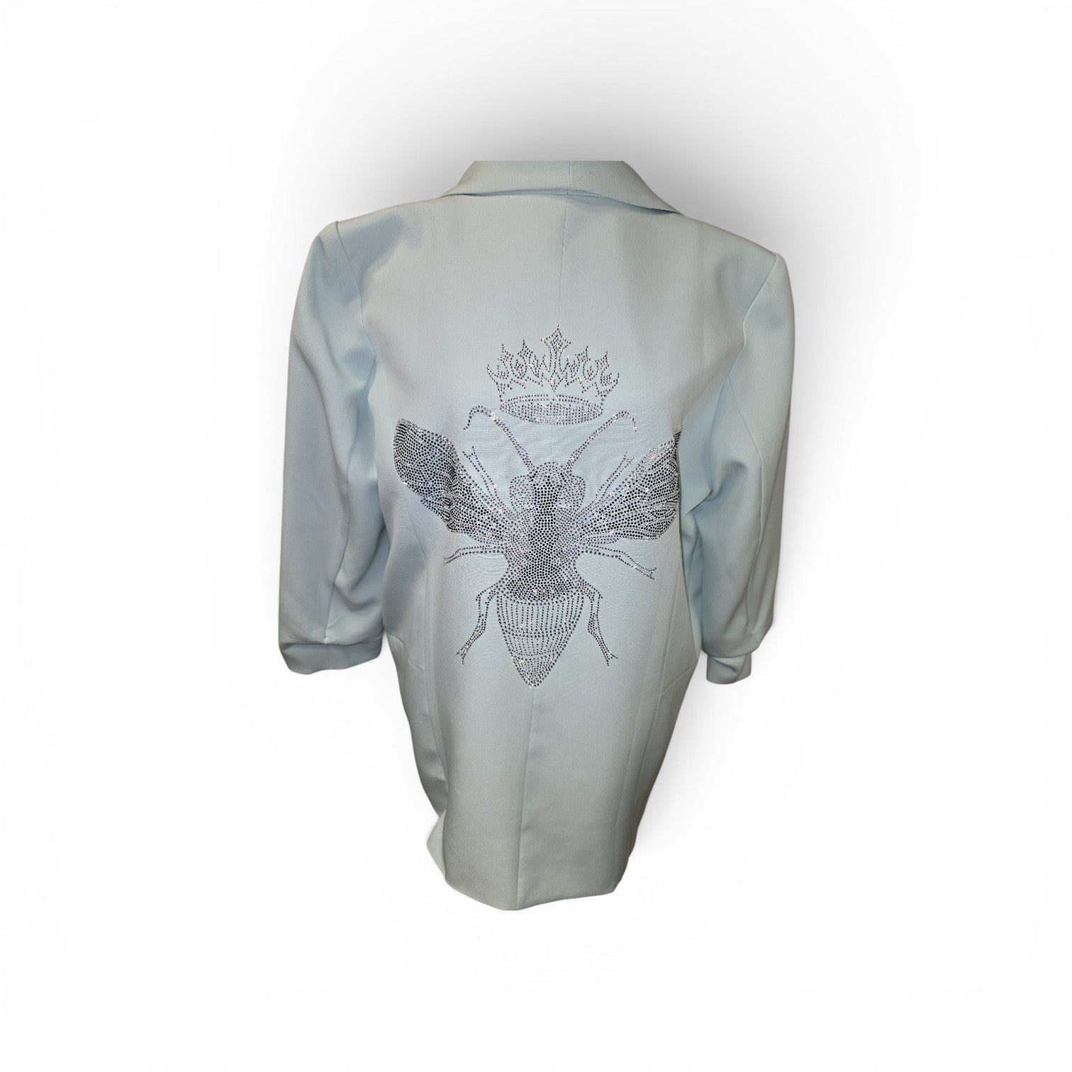 Luxury Clique light blue tailored blazer featuring a large sparkling sequin bee and crown motif on the back.