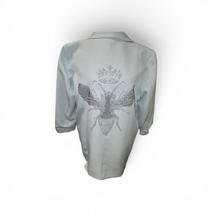 Luxury Clique light blue tailored blazer featuring a large sparkling sequin bee and crown motif on the back.