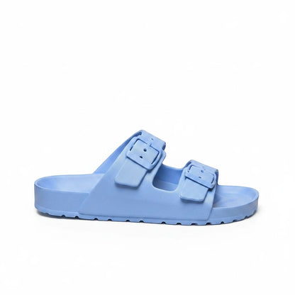 Luxury Clique periwinkle blue double buckle slide sandals with contoured footbed and water-friendly material.