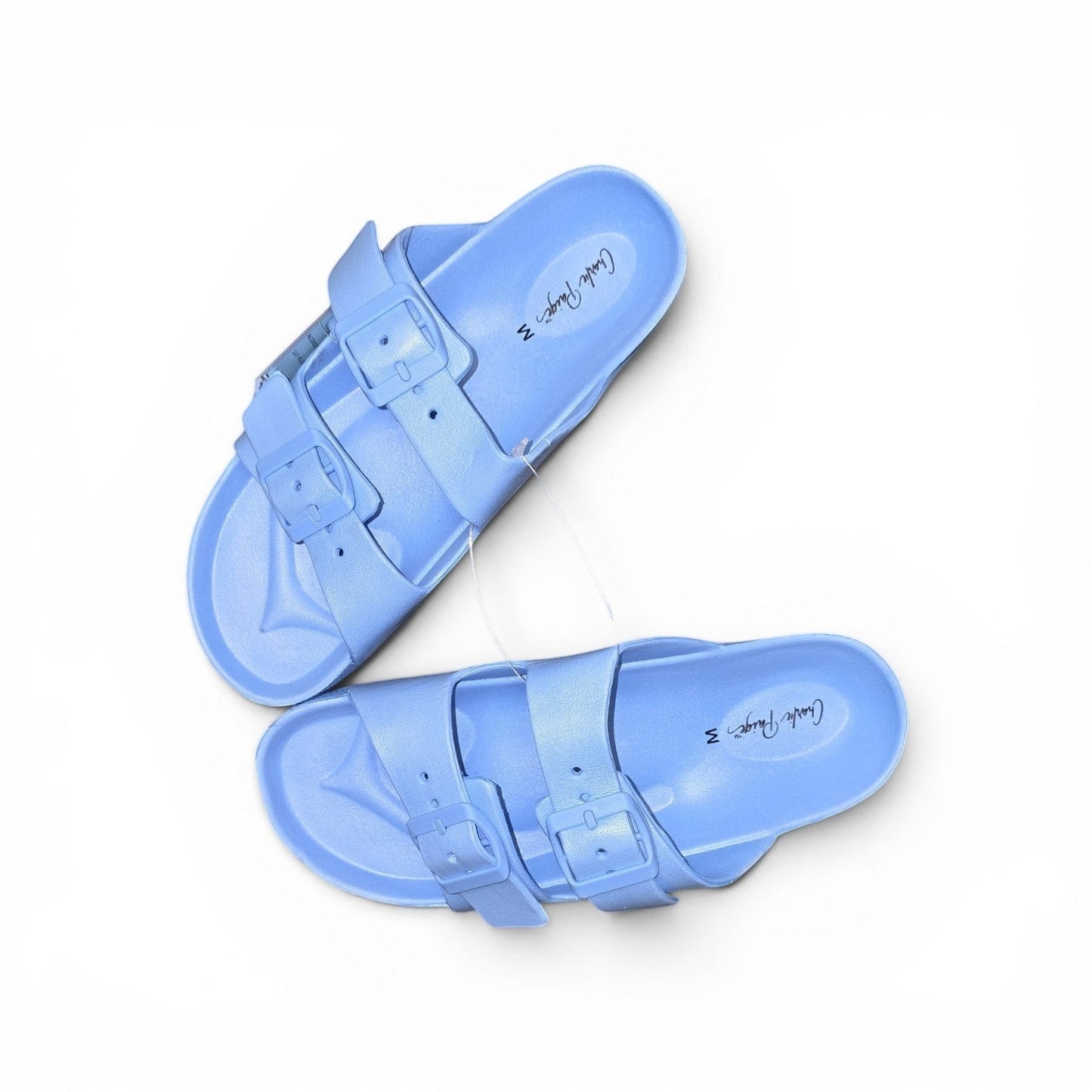 Luxury Clique periwinkle blue double buckle slide sandals with contoured footbeds on a white background