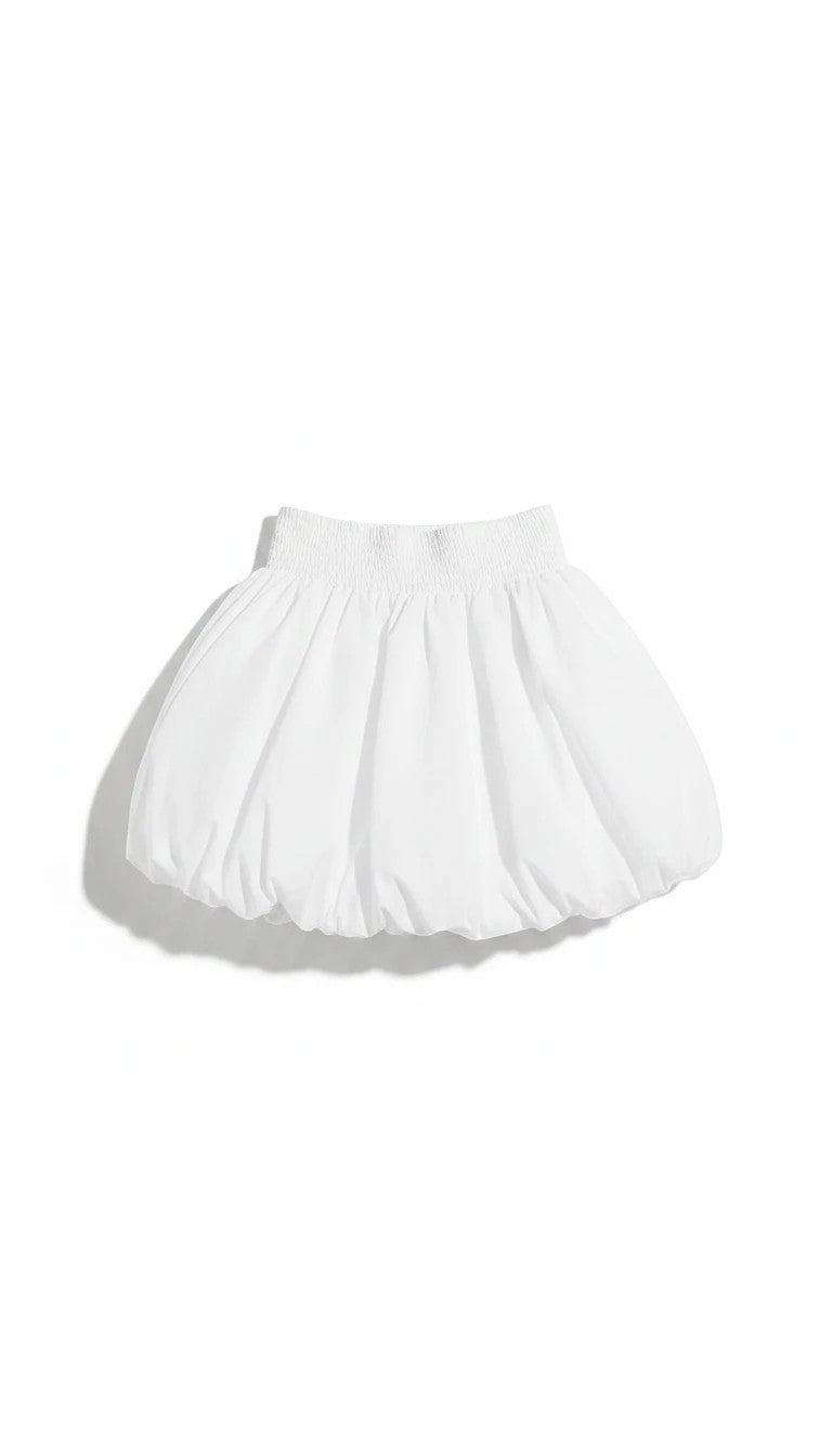 Luxury Clique white high-waisted bubble mini skirt with a smocked waistband and voluminous rounded silhouette.