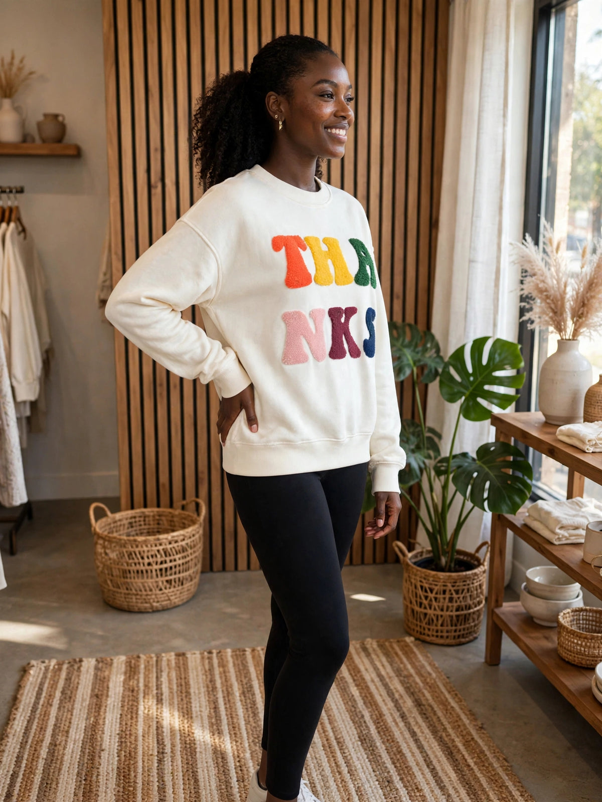 Cream THANKS Chenille Crewneck Sweatshirt